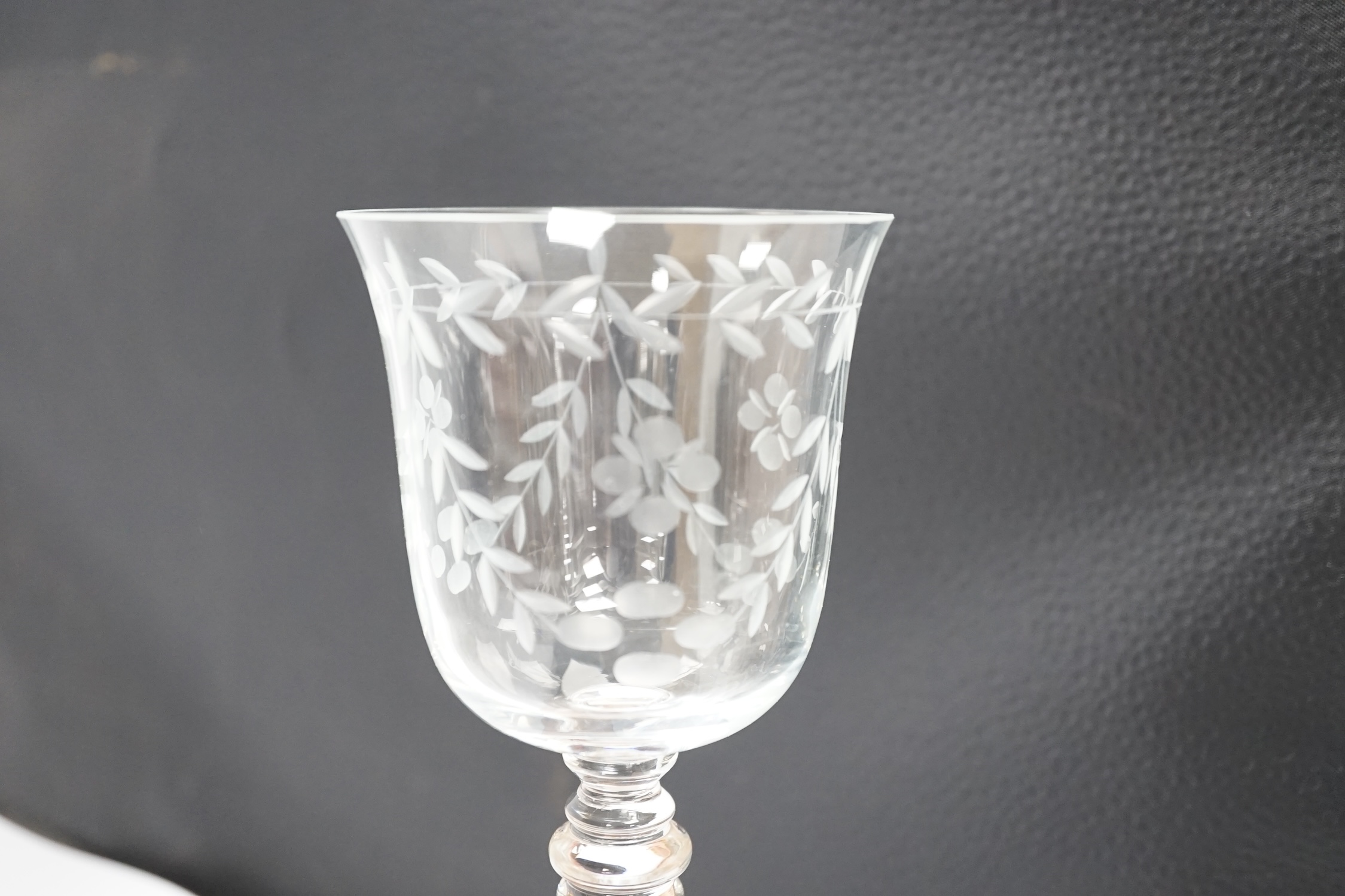 A set of six etched wine glasses, 20.5cm. Condition - good